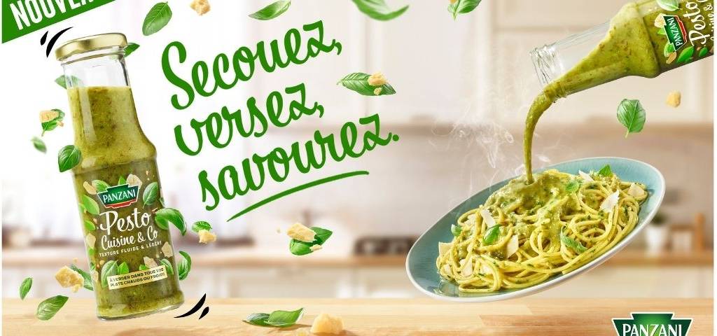 Affiche présentant le nouveau pesto à verser de Panzani