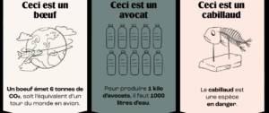 Graphique de l'empreinte carbone du Boeuf et de l'avocat et présentant la menace de disparition sur les cabillauds