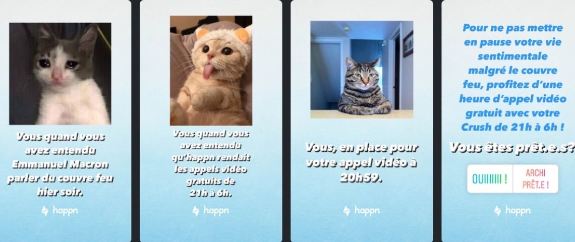 Pour permette à ses utilisateurs de se découvrir, Happn rend sa fonctionnalité appel vidéo gratuite de 21h à 6h du matin Visuel de communication d'Happn