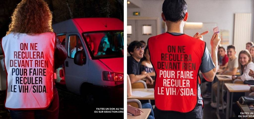 Une femme et un homme de dos avec une chasuble avec l'inscritpion suivante :on ne recule devant rien pour faire reculer le virus du sida.