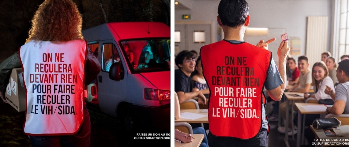 , Sidaction et son agence WNP donnent la parole aux « héros du quotidien » qui ne reculent devant rien pour faire reculer le virus du sida. Une femme et un homme de dos avec une chasuble avec l'inscritpion suivante :on ne recule devant rien pour faire reculer le virus du sida.