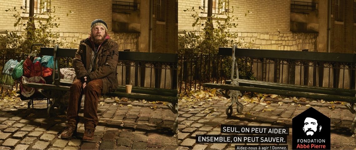 La nouvelle campagne fondation Abbé Pierre : « Ensemble » est signée par l'agence Altmann+Pacreau Personne seule sur un banc