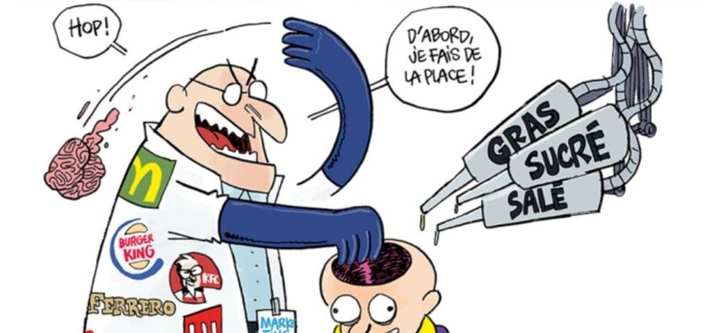 Dessin ou un homme enlève le cerveau d'un enfant de la boite cranienne pour le remplir par du sucre, du gras et du sel