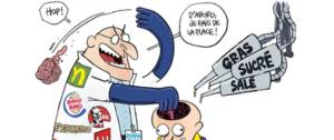 Dessin ou un homme enlève le cerveau d'un enfant de la boite cranienne pour le remplir par du sucre, du gras et du sel