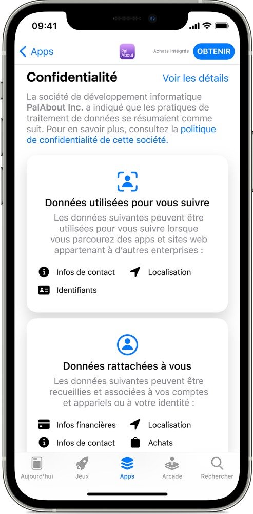 capture d'écran des informations transmises sur l'app store sur la collecte des données