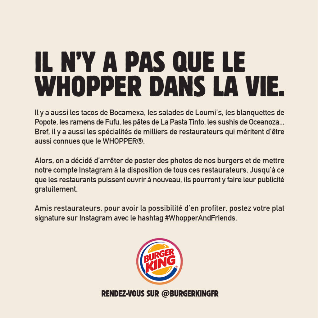 Manifeste de Burger King en solidarité avec les restaurareurs : Il n'y a pas que le Whopper dans la vie