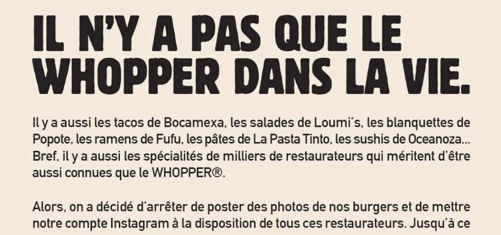Manifeste de Burger King en solidarité avec les restaurareurs : Il n'y a pas que le Whopper dans la vie