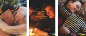 3 visuels : coupe s'embrassant / jeune homme soufflant ses bougies / Maman partgeant un calin avec son enfant
