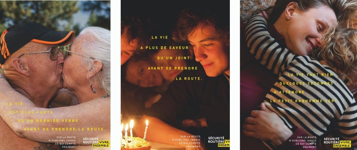 Célébrer la vie plutot que de culpabiliser les francais c'est le choix que la Sécurité routière et son agence DBB onn fait pour cette dernière campagne de prévention 3 visuels : coupe s'embrassant / jeune homme soufflant ses bougies / Maman partgeant un calin avec son enfant