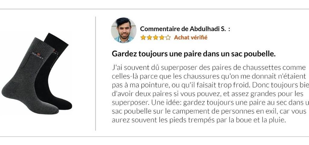 Commentaire d'un migrant sur Amazon concenrant la nécessité d'avoir 2 paires de chaussettes