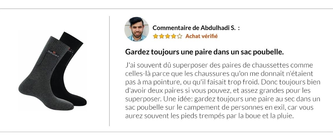 Commentaire d'un migrant sur Amazon concenrant la nécessité d'avoir 2 paires de chaussettes
