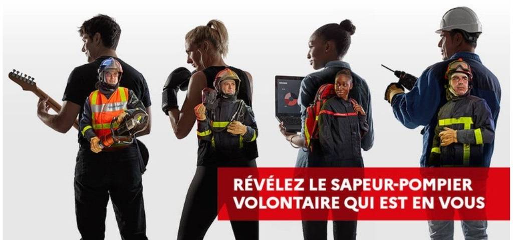 4 personnes avec le slogan Révélez le sapeur pomier volontaire qui est en vous