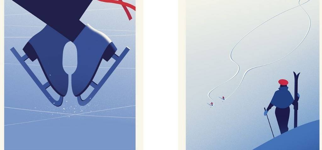 2 Illustrations : patin à glace et skieur contemplant la montagne de dos