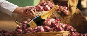 Bouteille de champagne, posée sur un panier avec des oignons