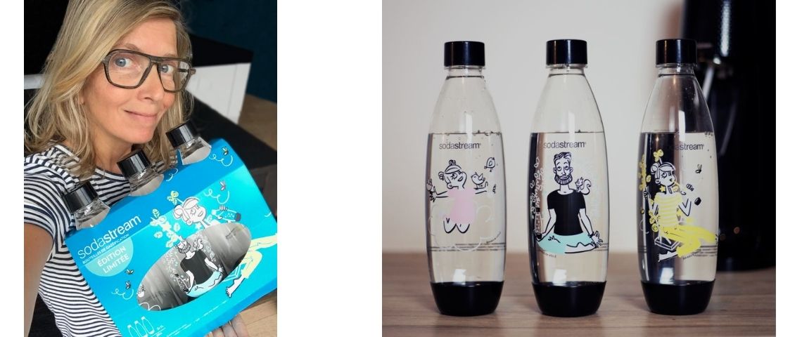 Sodastream s’associe à l’artiste Bénédicte Voile pour souhaiter une année 2021 Green, Fraîche et Pétillante. Benedicte Voile et les 3 bouteilles Sodastream