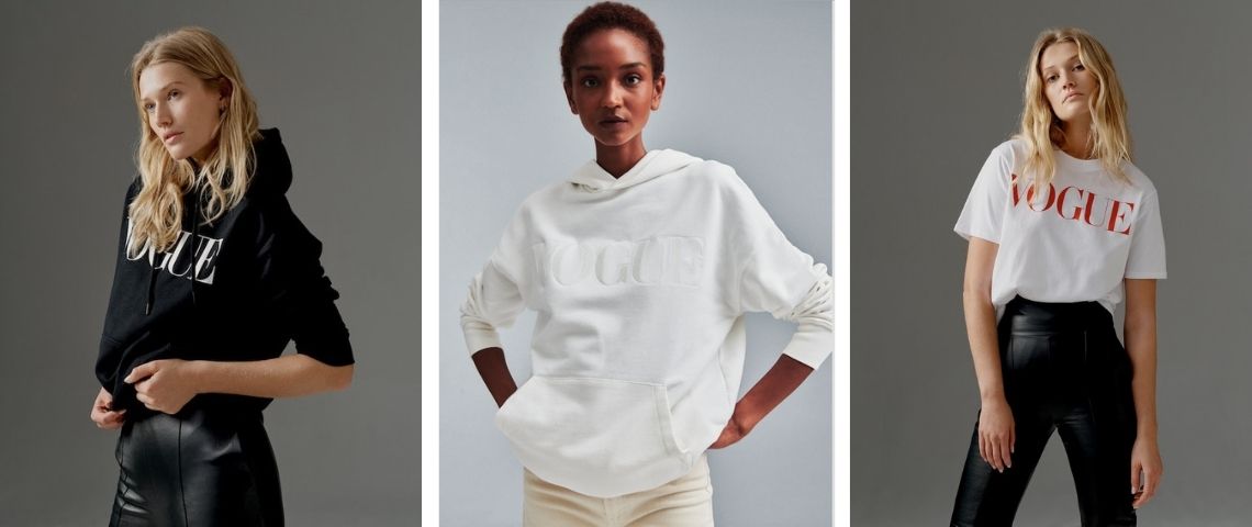 Un vestiaire signé Vogue : des pièces exclusives ecoresponsables Mannequin portant des haut estampillés Vogue