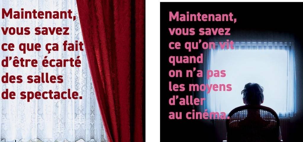 En arrière plan, une personne devant sa fenêtre, avec le message suivant : Maintenant vous savez ce qu'on vit quand on a pas les moyens d'aller au cinéma