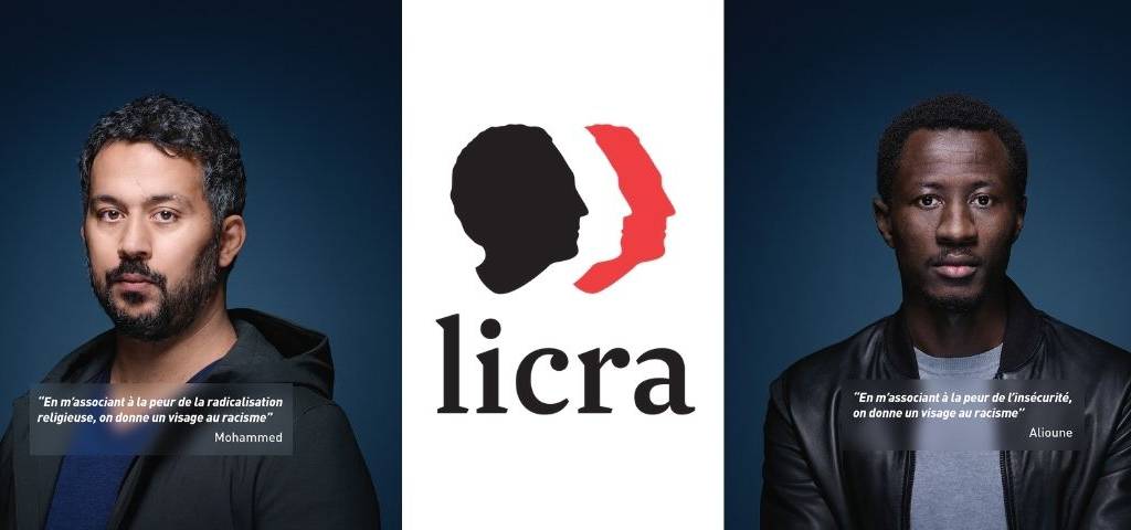 2 messages :  - En m'associant à la peur de la radicalisation religieuse, on donne un visage au racisme -  - Mohamed et  - En massociant à la peur de l'insécurité, on donne un visage au racisme -  - Alioune