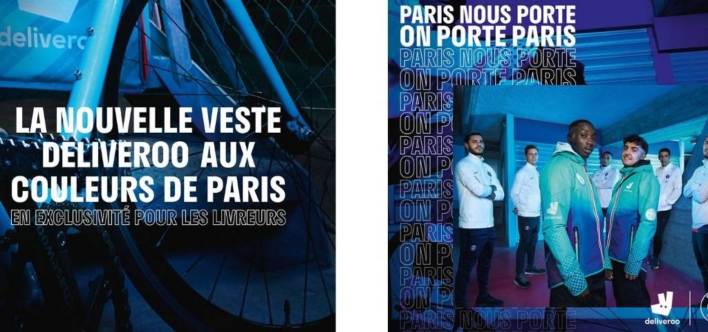 Livreurs Deliveroo posant avec le nouvel équipement aux couleurs du PSG
