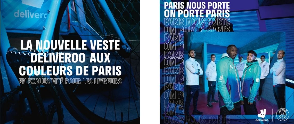 « Paris nous porte, on porte paris » le nouvel équipement Deliveroo dédié aux livreurs, aux couleurs de paris et en collaboration avec le PSG Livreurs Deliveroo posant avec le nouvel équipement aux couleurs du PSG