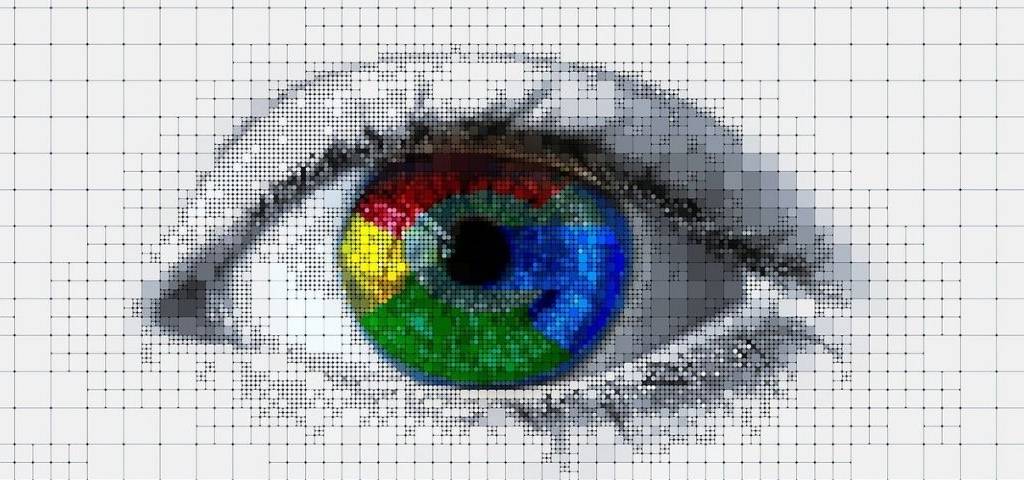Oeil avec une rétine aux couleurs de Google