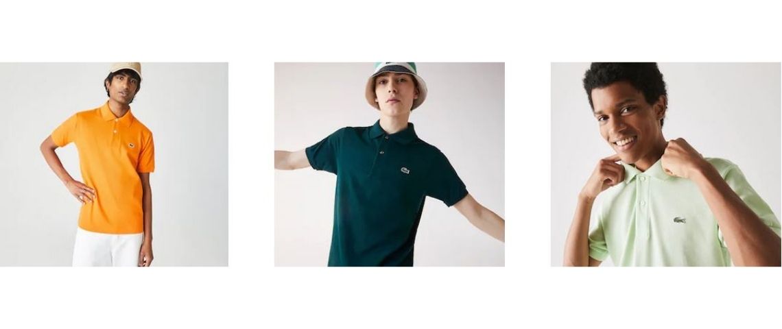 Lacoste lance le Lacoste polo « Loop ». Un polo Classic Fit dont 30% de son coton est issu de polos qui n’avaient pas été commercialisés par la marque. 3 jeunes hommes portant un polo Lacoste