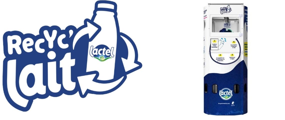 Lactel, va installer des machines de collecte de bouteille de lait, devant les magasins afin de sensibiliser au tri. Logo Recyc'lait et mcollecteur de bouteilles de lait