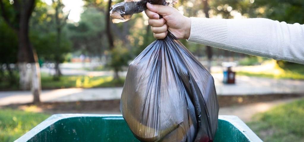 Personne jetant un sac dans une poubelle