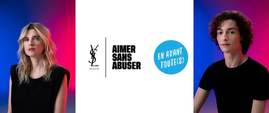 Avec le programme « Aimer sans abuser » Yves Saint Laurent Beauté a choisi de s'engager activement dans la lutte contre les violences de couple chez les jeunes (15-25 ans). Logo Aimer sans Abuser