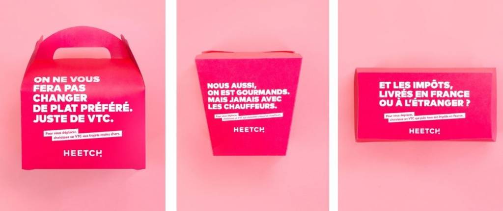 Message sur un emballage Heetch : "Mangez à l'américaine, déplacez-vous à la francaise. Pour vous déplacer, choississez un VTC made in France