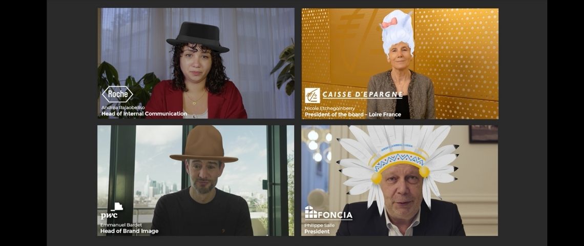 Cancer@Work lance une campagne de mobilisation pour changer de regard sur la maladie au travail et soutenir le maintien dans l’emploi des personnes malades avec l'accompagnement d'Ogilvy Paris Capture d'écran de la campagne « Join the colleaguehood »,, avec des responsables d'entreprises qui portent un chapeau