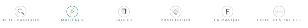 Listes des infos disponibles pour un produit : Matières, Labels, Production, La marque, Taille