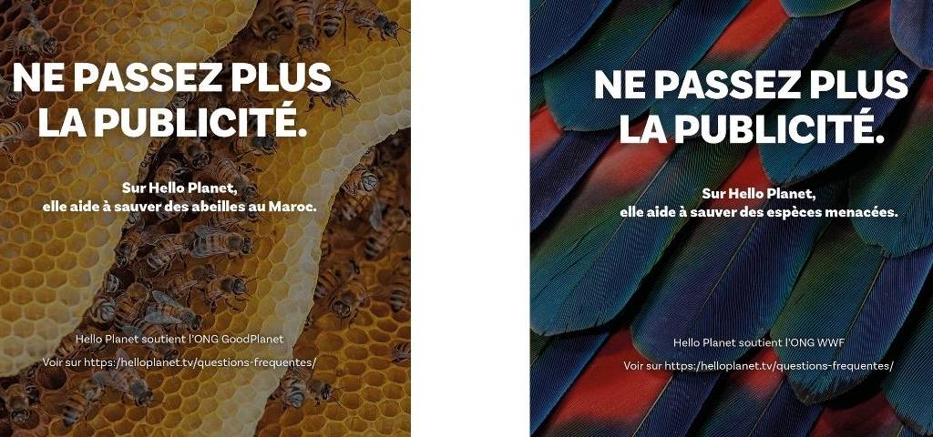 Affiche avec le message suivant : ne passez plus la publicité. Sur Hello Planet, elle aide à soutenir les étudiants en situation de précarité