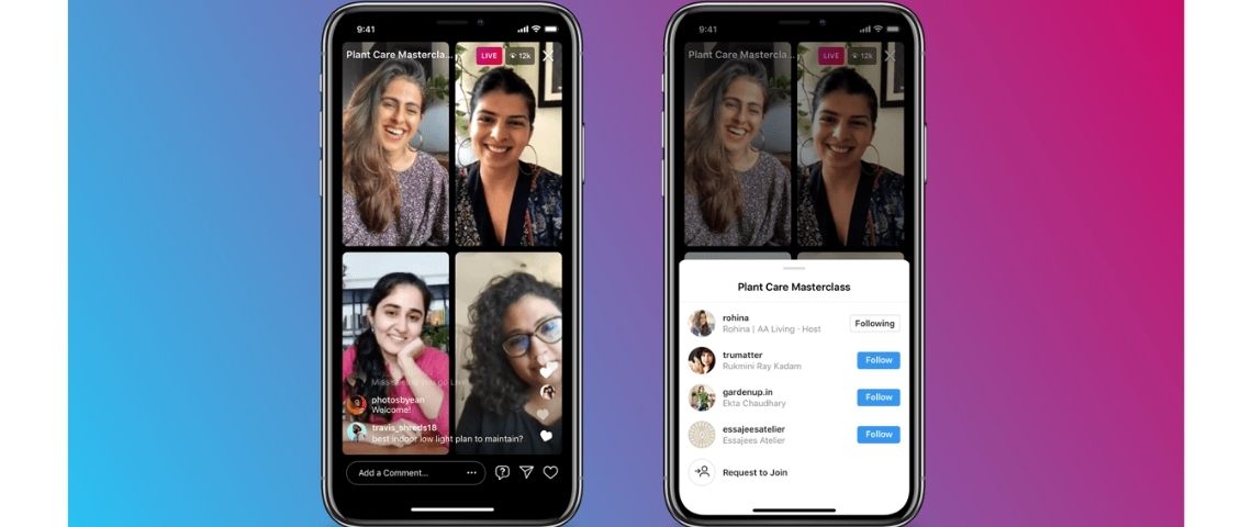 Instagram lance une nouvelle fonctionnalité permettant de réunir jusqu'à 4 participants simultanément durant un Live : « Live Rooms ». Capture de « Live Rooms ».