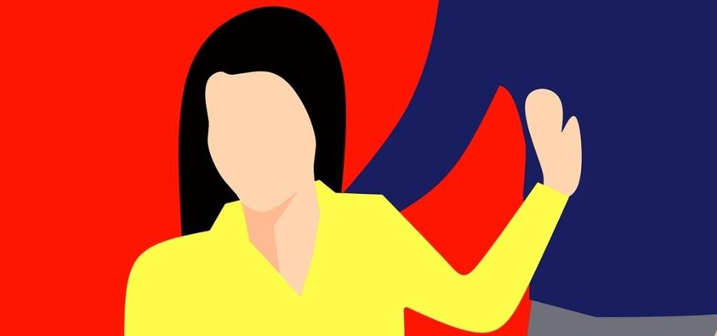 Illustration d'une femme assise sur une chaine, repoussant de sa main, un homme debout à côté d'elle qui a la main sur son épaule