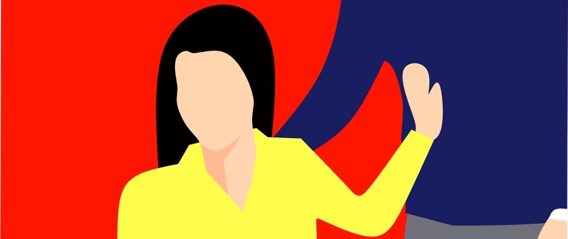 #NotMe est une solution innovante qui permet aux individus de signaler rapidement et facilement, au sein de leur entreprise, le racisme, le harcèlement, la discrimination, l'intimidation ou tout autre problème rencontré ou observé. Illustration d'une femme assise sur une chaine, repoussant de sa main, un homme debout à côté d'elle qui a la main sur son épaule