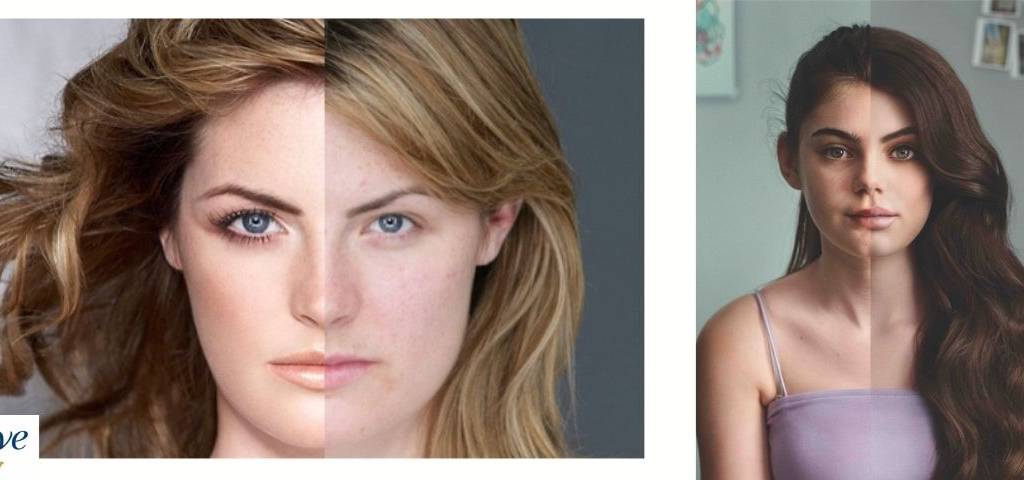 Deux femmes, un coté du visage avec un filtre ( - embellisseur - ) l'autre au naturel