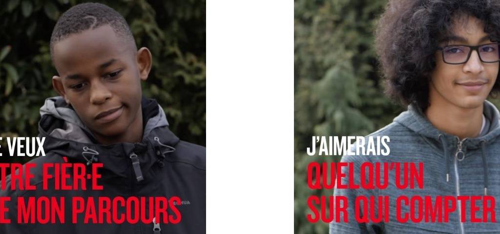 deux jeunes garçons avec les messages suivants :  - Je veux être fier-e de mon parcours -  et  - J'aimerais quelqu'un sur qui compter - 