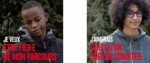 deux jeunes garçons avec les messages suivants : "Je veux être fier-e de mon parcours" et "J'aimerais quelqu'un sur qui compter"