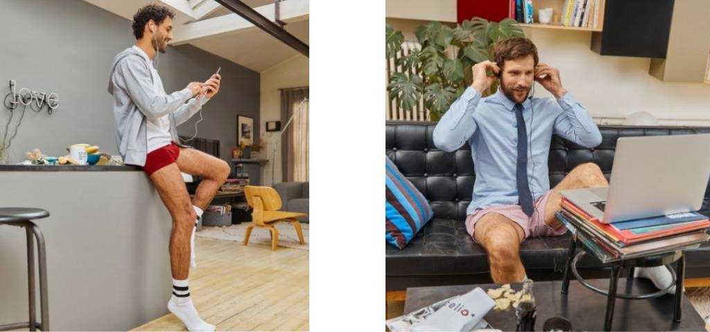 2 photos d'homme, en visioconférence, habillés en haut et en calecon en bas