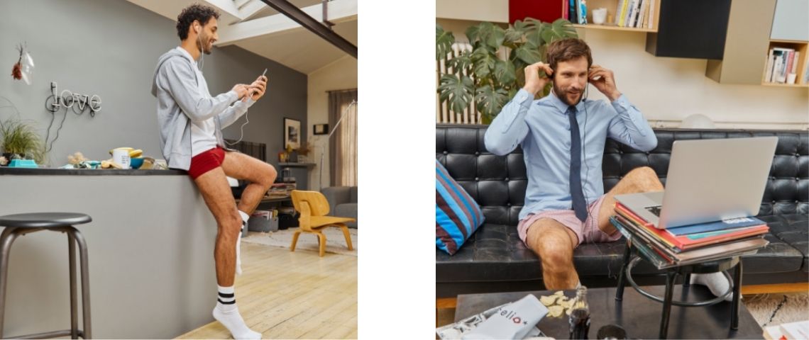 La marque de mode au masculin s’empare et s’amuse des nouveaux codes vestimentaires de la visio dans une campagne décalée sur LinkedIn ! 2 photos d'homme, en visioconférence, habillés en haut et en calecon en bas