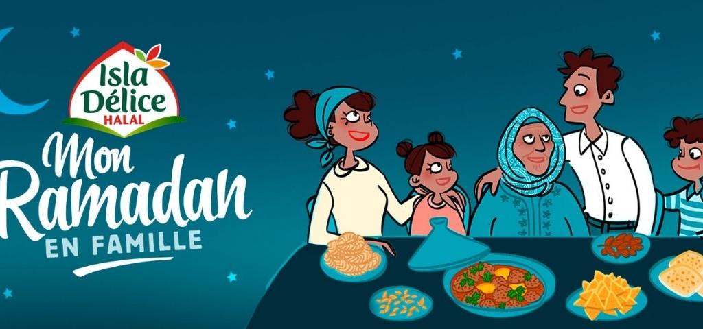 Illustration : famille autour d'une table, avec le message :  - Mon ramadan en famille - 