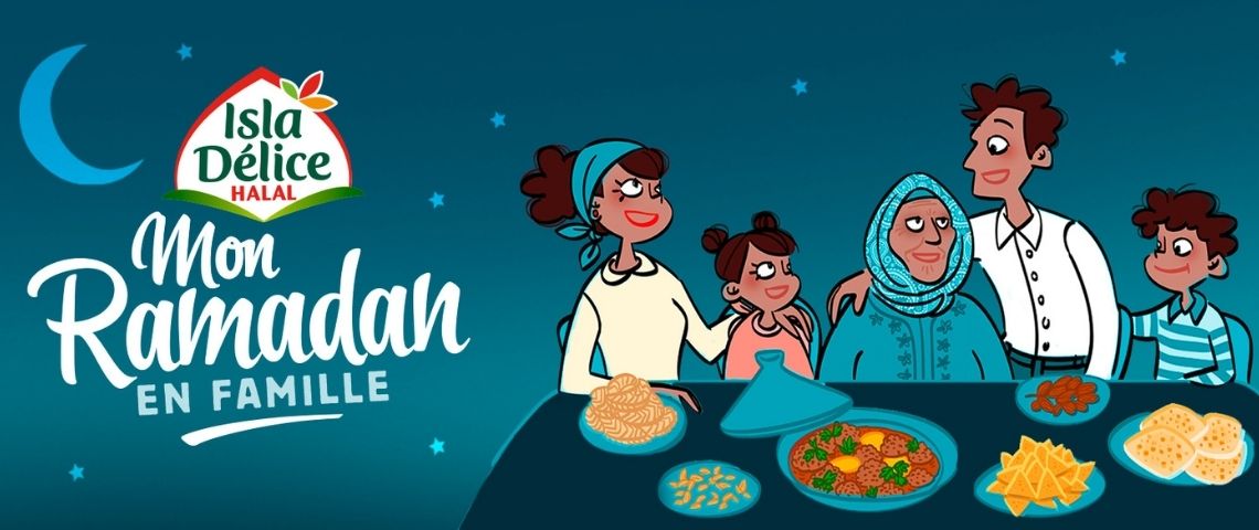 Isla Délice, leader français de l’alimentation halal, revient une nouvelle campagne TV et une nouvelle signature, accompagnée par l’agence BETC. Illustration : famille autour d'une table, avec le message : - Mon ramadan en famille -