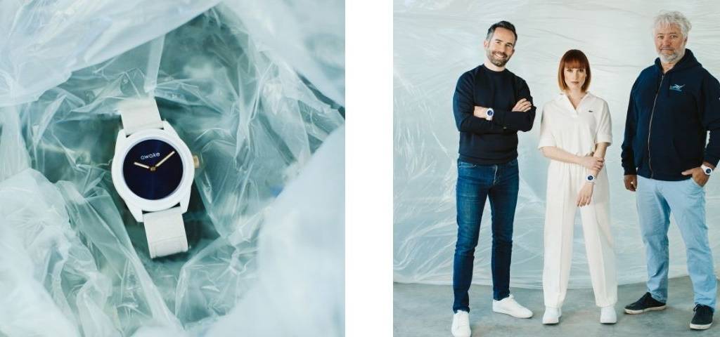 Montre de la collection capsule et photo de Suzane entouré des directeurs de Aware et The Sea Cleaners