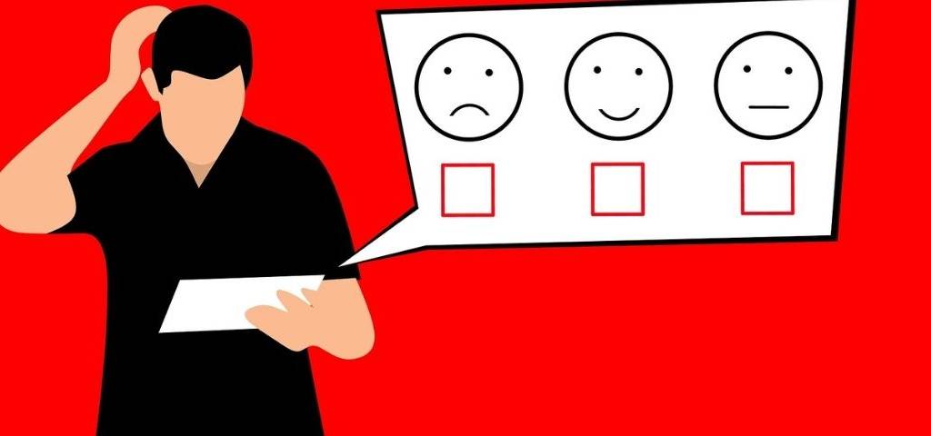 Illustration d'une homme se grattant la tête devant trois emoticones du plus content au moins content