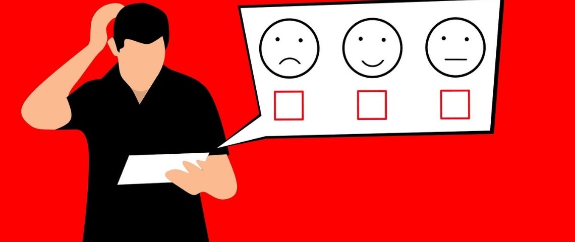 Hivency lance une offre d’avis consommateurs pour accompagner les marques vers la génération d’avis authentiques Illustration d'une homme se grattant la tête devant trois emoticones du plus content au moins content