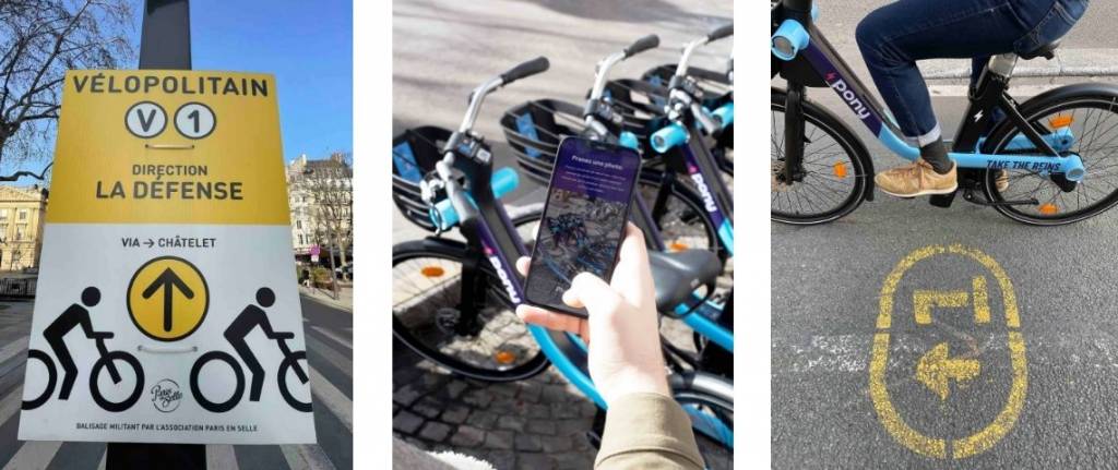 Photos des panneaux signalant les Velo Pony et le marquage au sol des pistes cyclables
