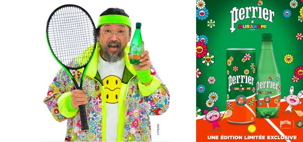 Takashi Murakami qui tient une bouteille de Perrier. Il est habillé en Tennis man (version Murakami, avec des fleurs colorées)
