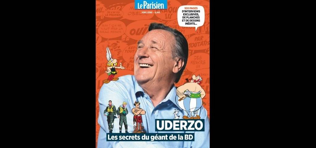 Hors série Albert Uderzo - Le Parisien - Photo de d'Uderzo accompagné de certains de ses dessins (Astérix et Obélix)
