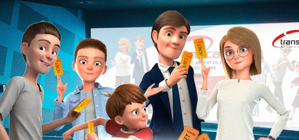 Une famille (père, mère, trois enfants) au cinéma. Personnages de dessin animé
